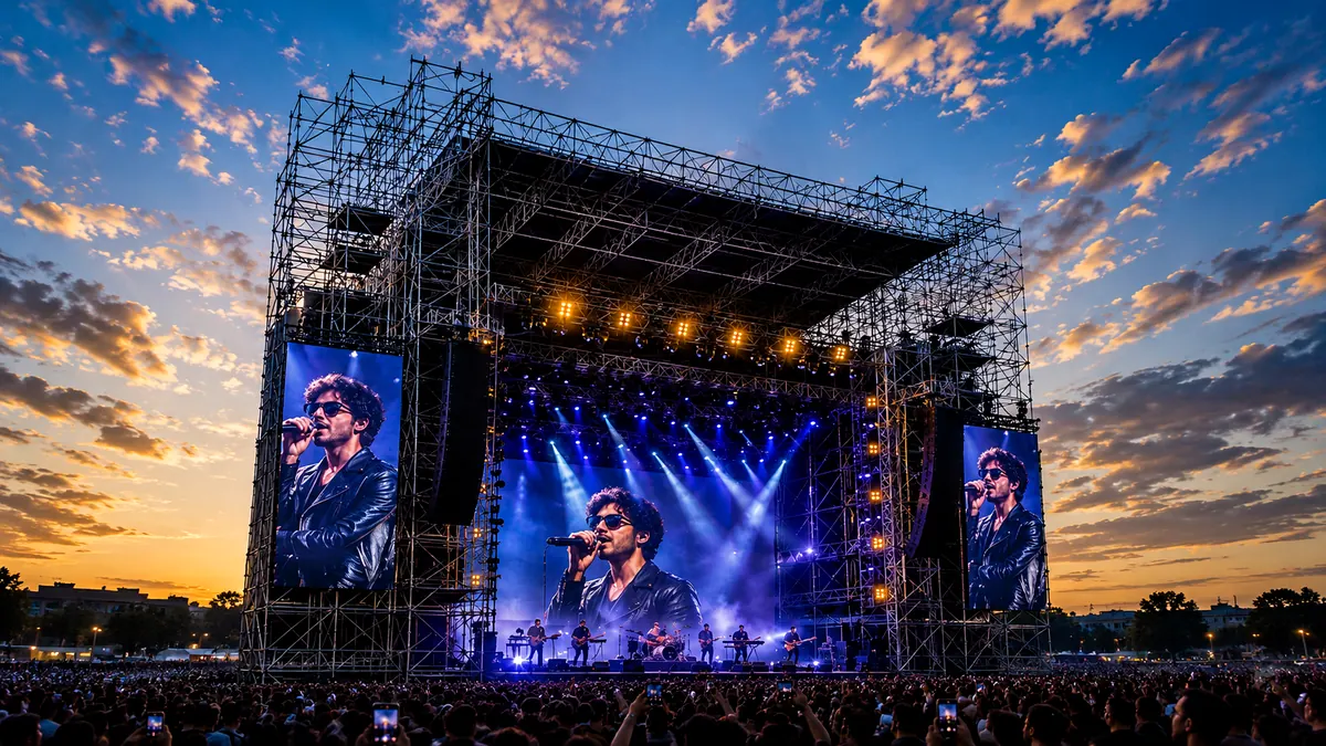 Estructura temporal para escenario de concierto con sistema de andamio.