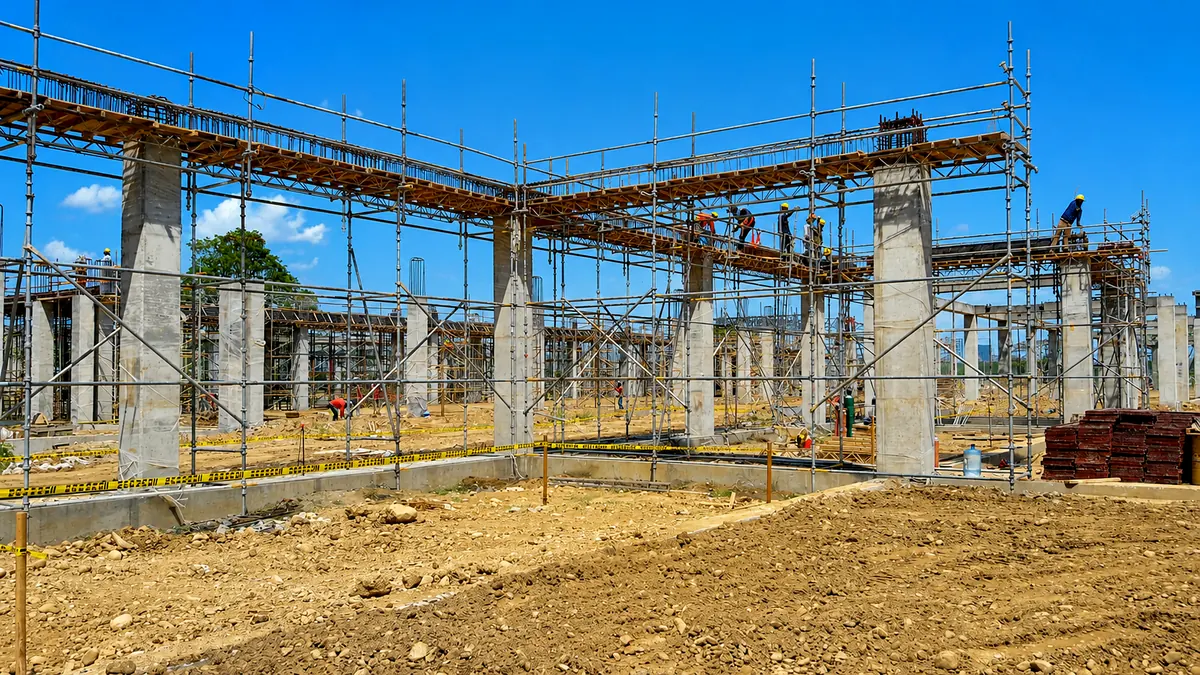 Andamio instalado en una obra de construcción con estructura de concreto.