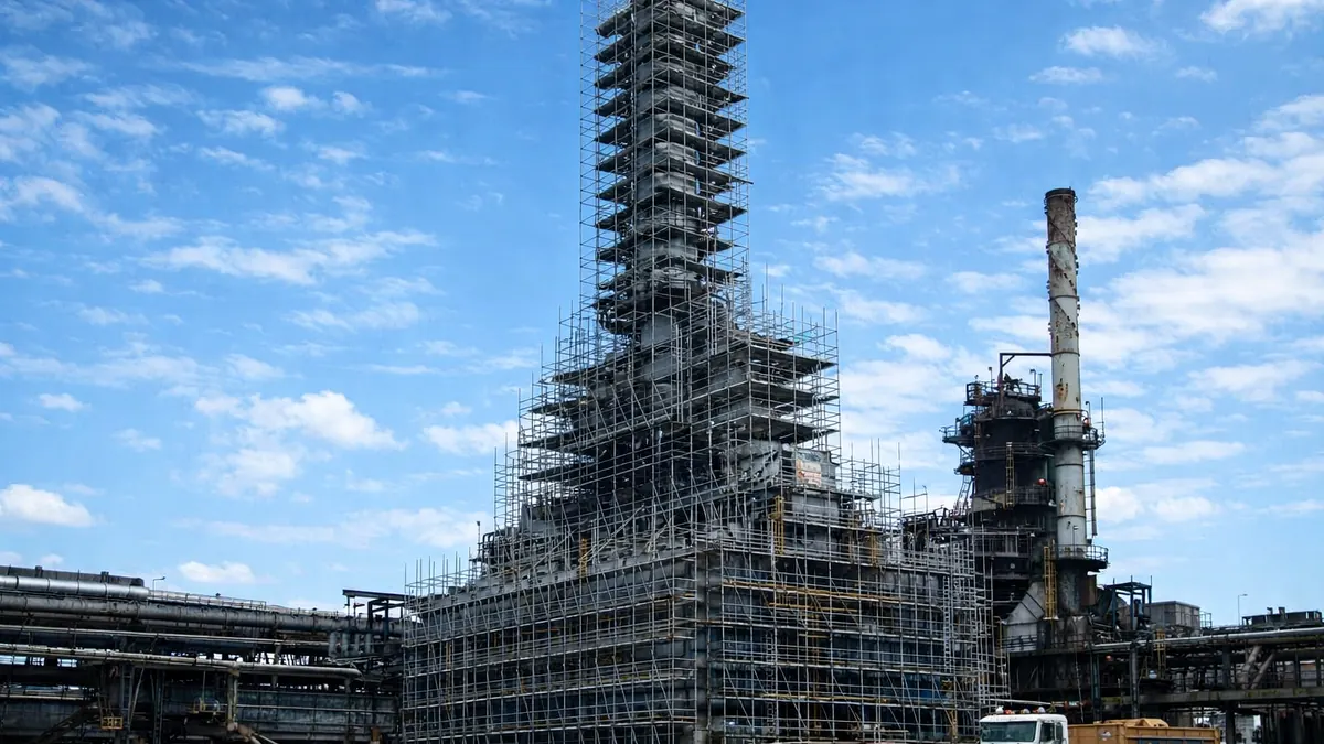 Estructura de andamio instalada en una planta industrial.