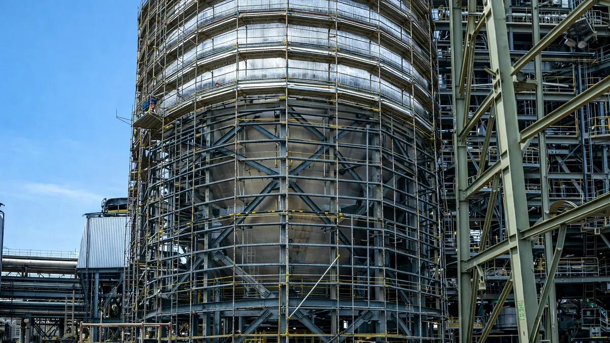 Andamio instalado alrededor de una estructura de proceso para trabajos de mantenimiento.