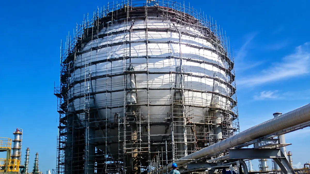 Andamio instalado alrededor de una estructura cilíndrica en una planta de proceso.