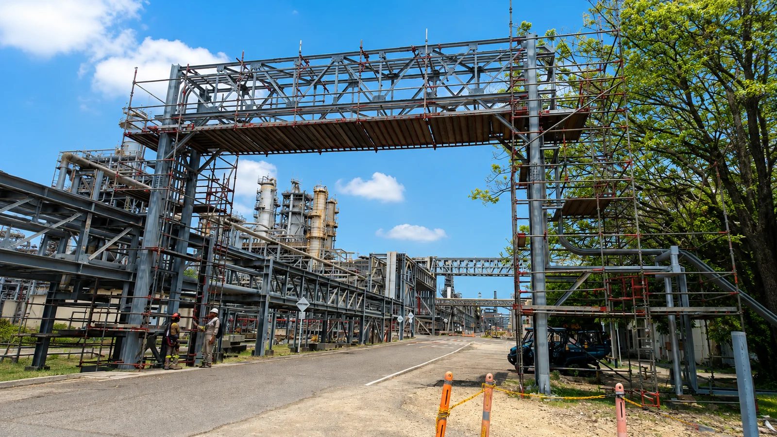Sistema de andamios utilizado para acceso y pasarela temporal en una instalación industrial.
